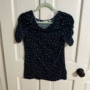 Anthropologie Postmark Navy Polka Dot Blouse M Feminine Preppy Work Office Top